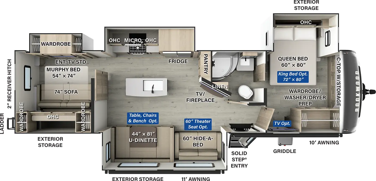 The Rockwood Signature Travel Trailers 8338DB has one entry and four slide outs. Exterior features include: fiberglass exterior and 11' & 10' awning. Interiors features include: kitchen island, u-dinette, front bedroom and murphy bed.